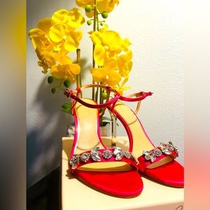 7.5 BADGLEY MISCHKA ✨💕Pink Satin Jewel Heels (Like New w/Box)